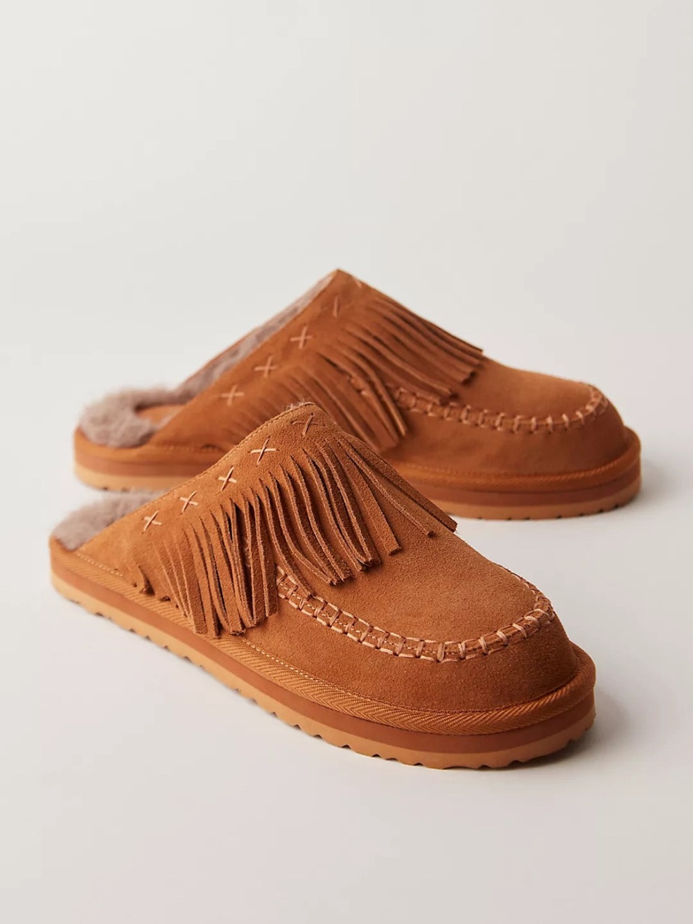 Free People Cognac Suede Fringe Slip-On Mules